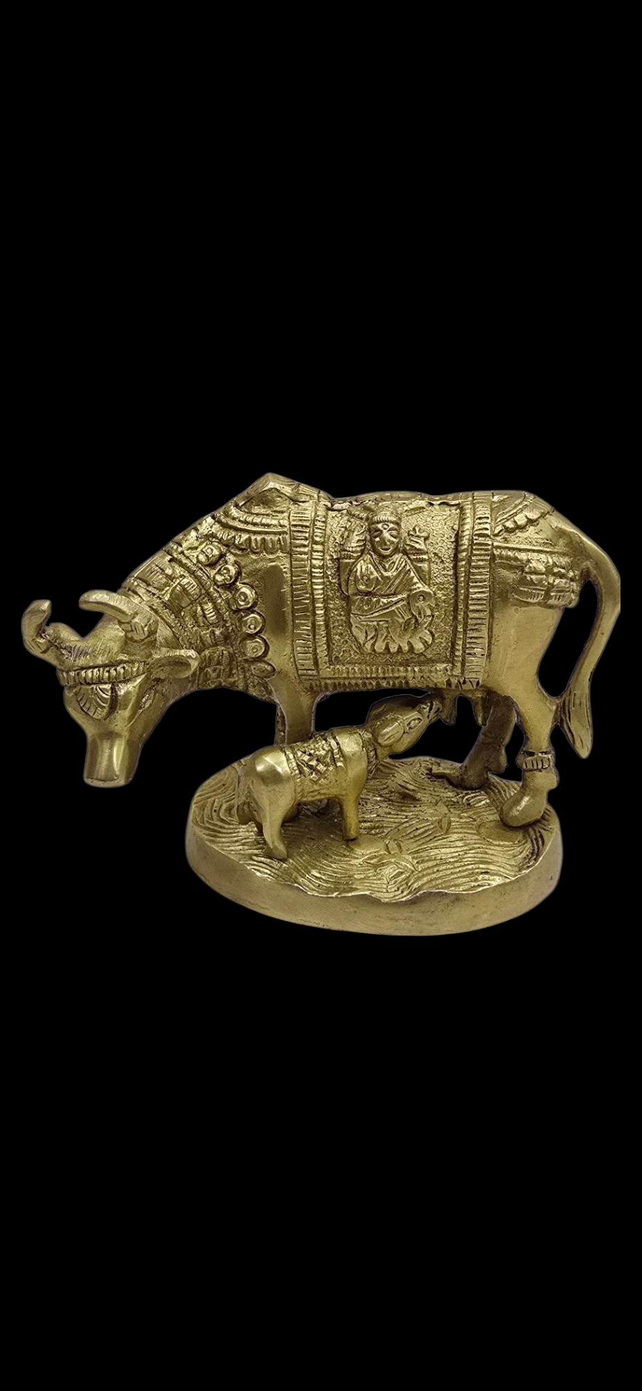Kamdhenu Brass Metal Cow & Calf Carving Ganesh & laxmi