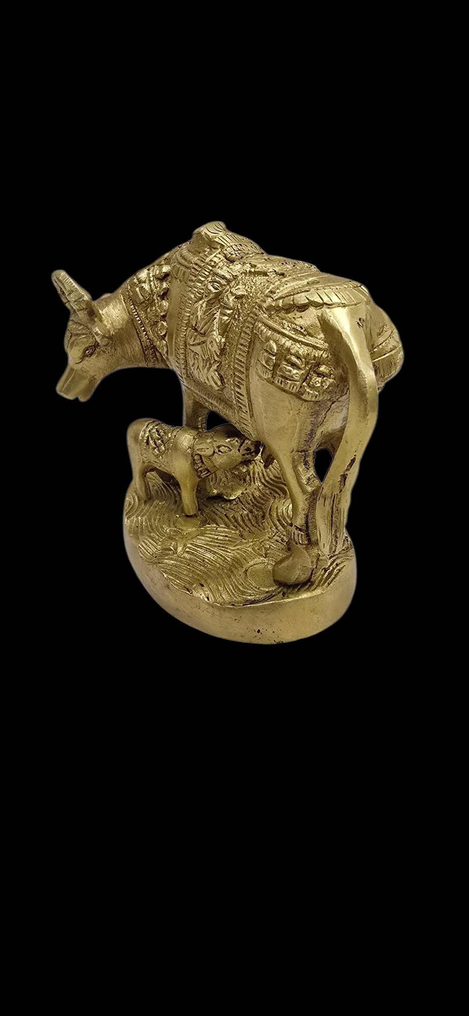 Kamdhenu Brass Metal Cow & Calf Carving Ganesh & laxmi